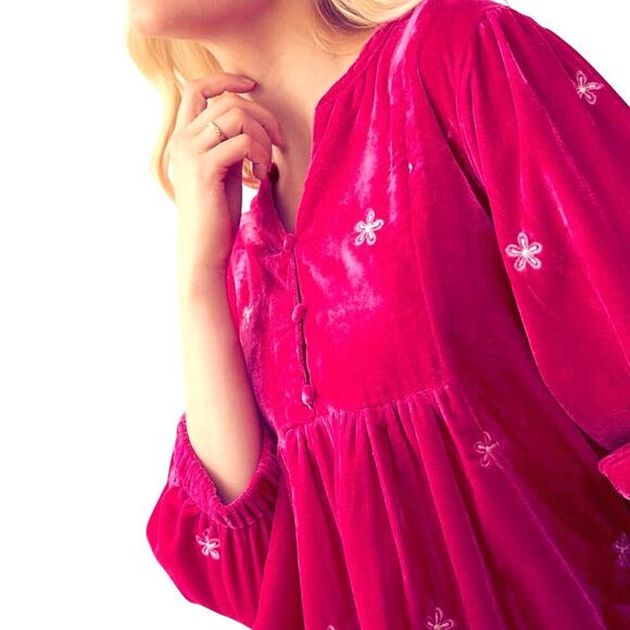 NWT Boutique Boho Embroidered Pink Velvet Kristi Nell Peplum Top - Picture 2 of 4